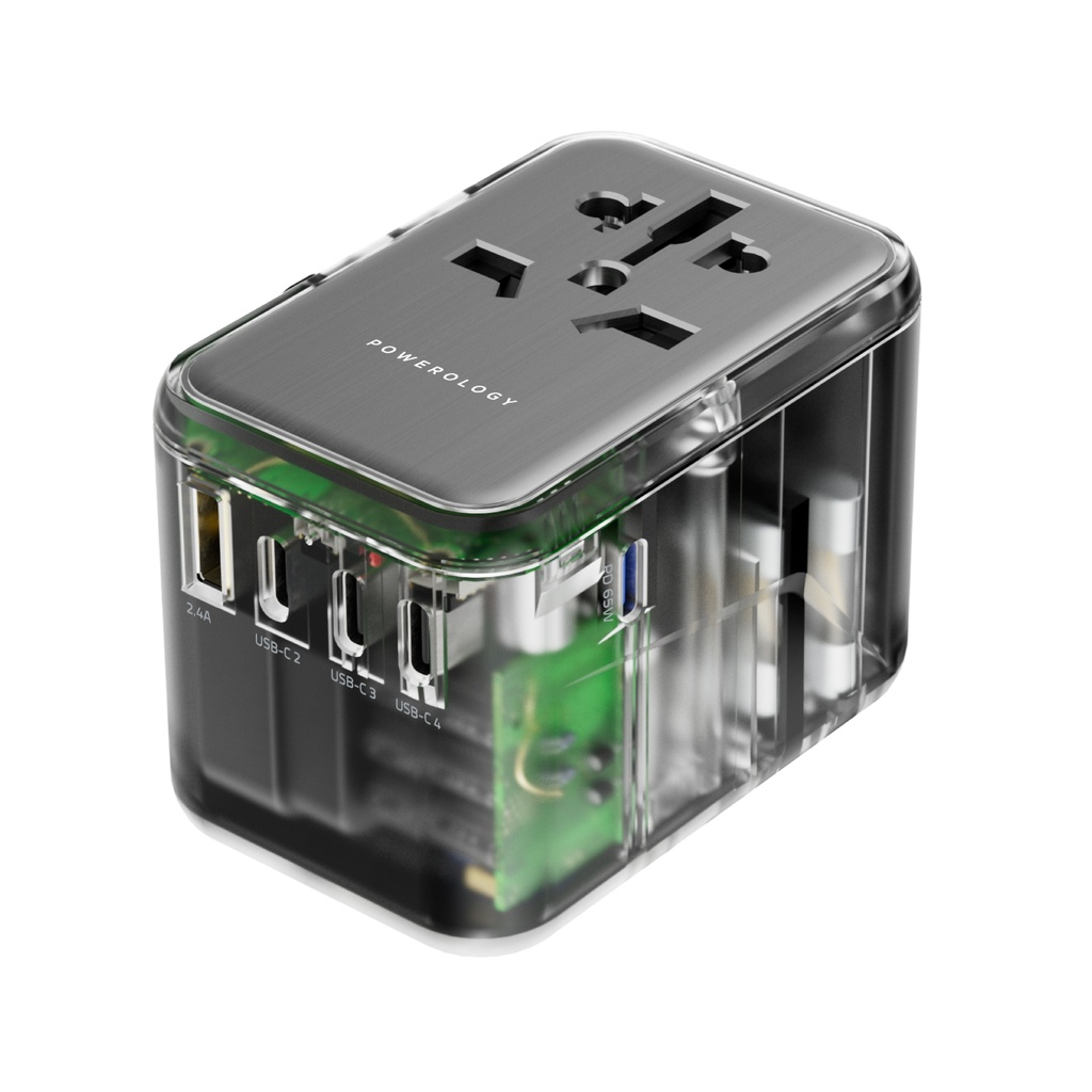 Powerology Universal Multi-Port Travel Adapter PD 65W – Transparent