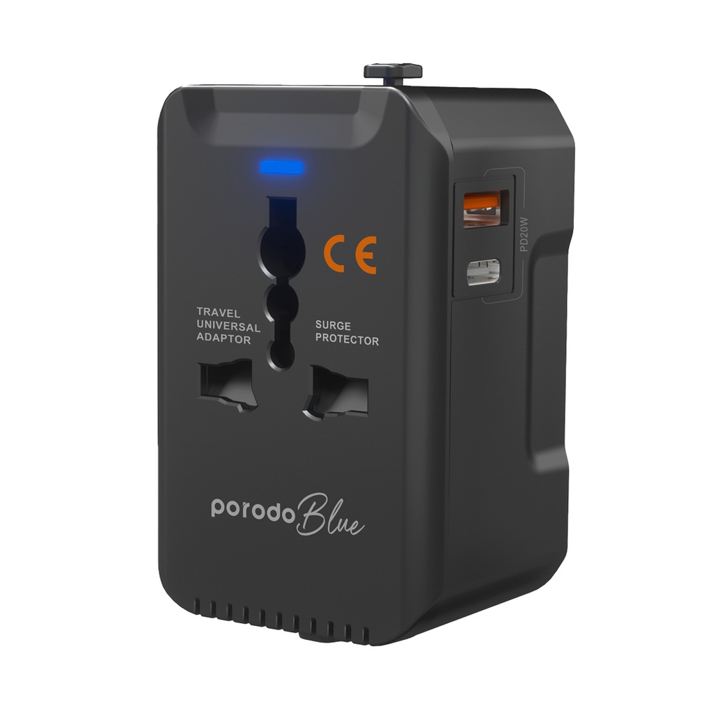 Porodo Blue Dual Port Universal Charger Travel Adapter PD 20W - Black (PB-PD20UTA-BK)