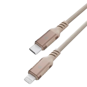 Experience next-level charging and data performance with the Powerology Power Sync Weave USB-C to Lightning Cable in elegant Desert Titanium.
