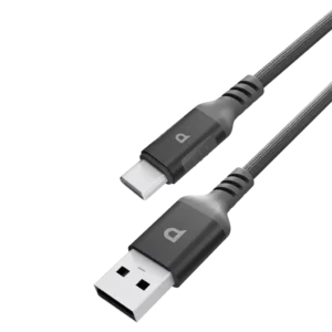 Upgrade your charging and data transfer experience with the Powerology Power Sync Weave USB-A to USB-C Cable in stylish gray.