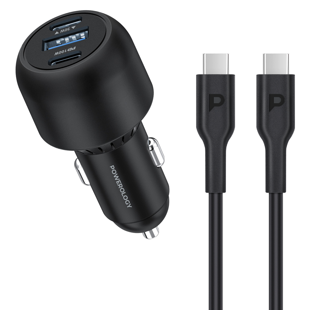 POWEROLOGY ULTRA QUICK DUAL USB-C WITH USB-A CAR CHARGER 130W – BLACK