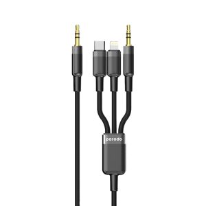PORODO MULTI DEVICE AUX 3.5MM TYPE C LIGHTNING CABLE 1.2M BLACK PD-AUX3N1-BK