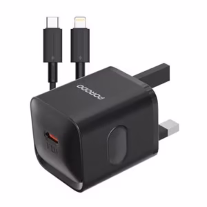 Charge smarter and faster with the PORODO Dual Port Wall Charger (PD-FWCH022-L-BK) featuring a USB-C to Lightning cable