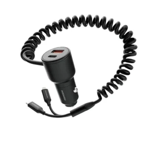 PORODO DUAL PORT CAR CHARGER INTEGRATED C AND LIGHTNING CABLE PD30W BLACK PD-FWCH034-BK