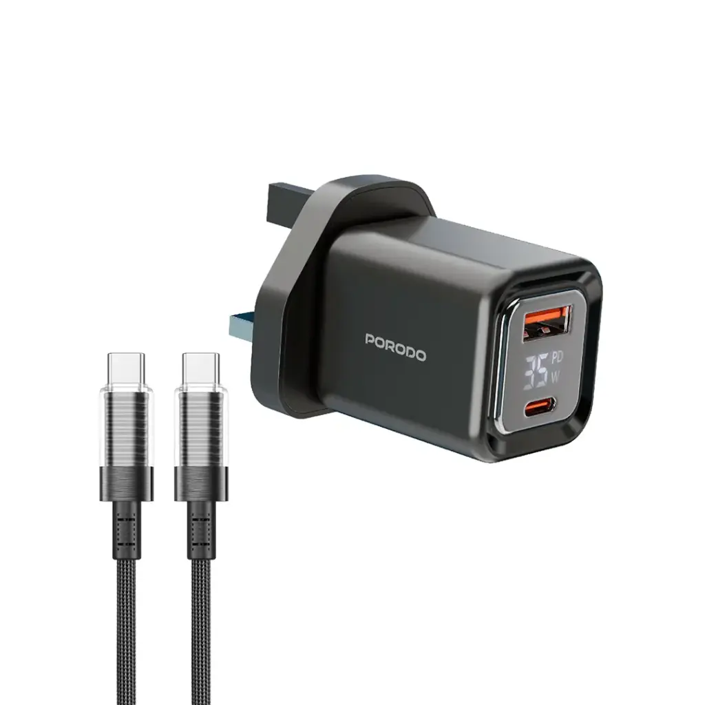 Porodo 35W GaN Charger Black Dual Port Digital Display