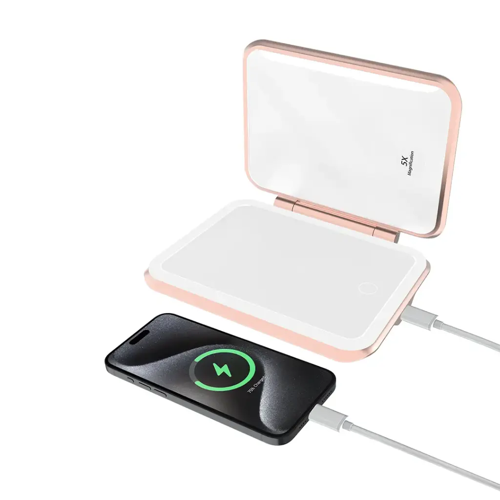 Porodo Lifestyle 5000mAh Powerbank Magnifying Mirror – White Rose Gold