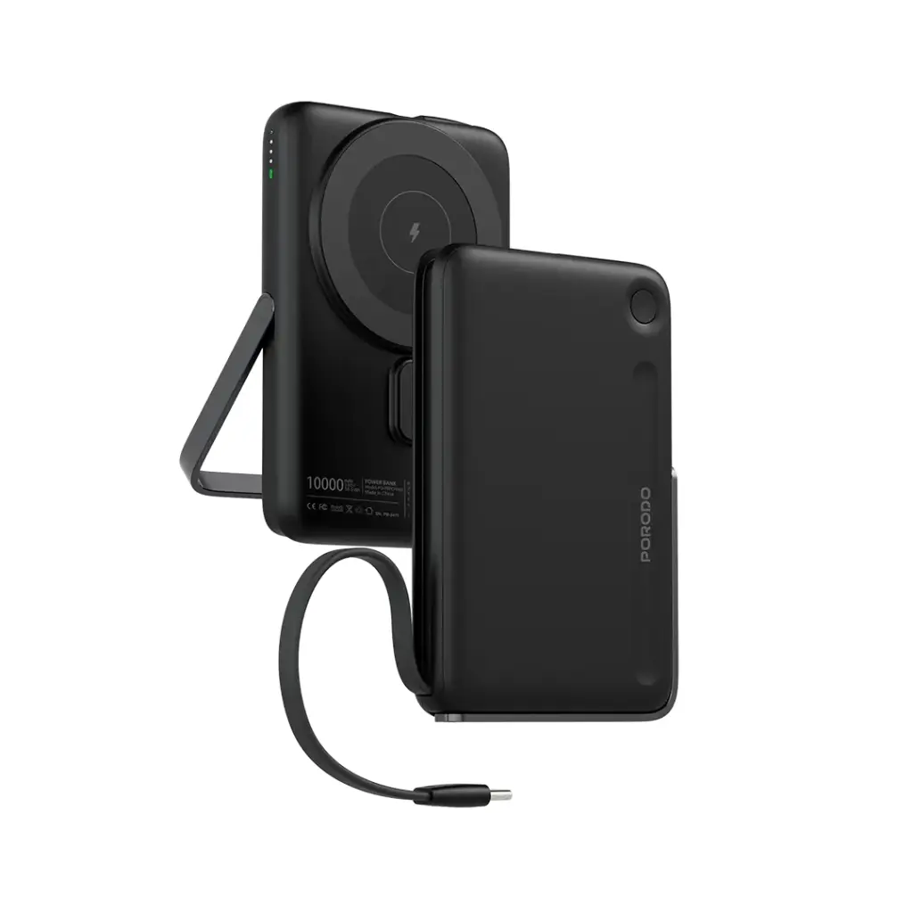 Stay powered wherever you go with the Porodo 10000mAh Powerbank Built-In Type-C Cable with Stand in sleek Black (Model: PD-PBFCH065-BK).