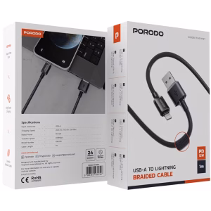 PORODO LED BRAIDED USB A TO LIGHTNING CABLE CHARGING & DATA TRANSFER BLACK PDCBLXGH01BK