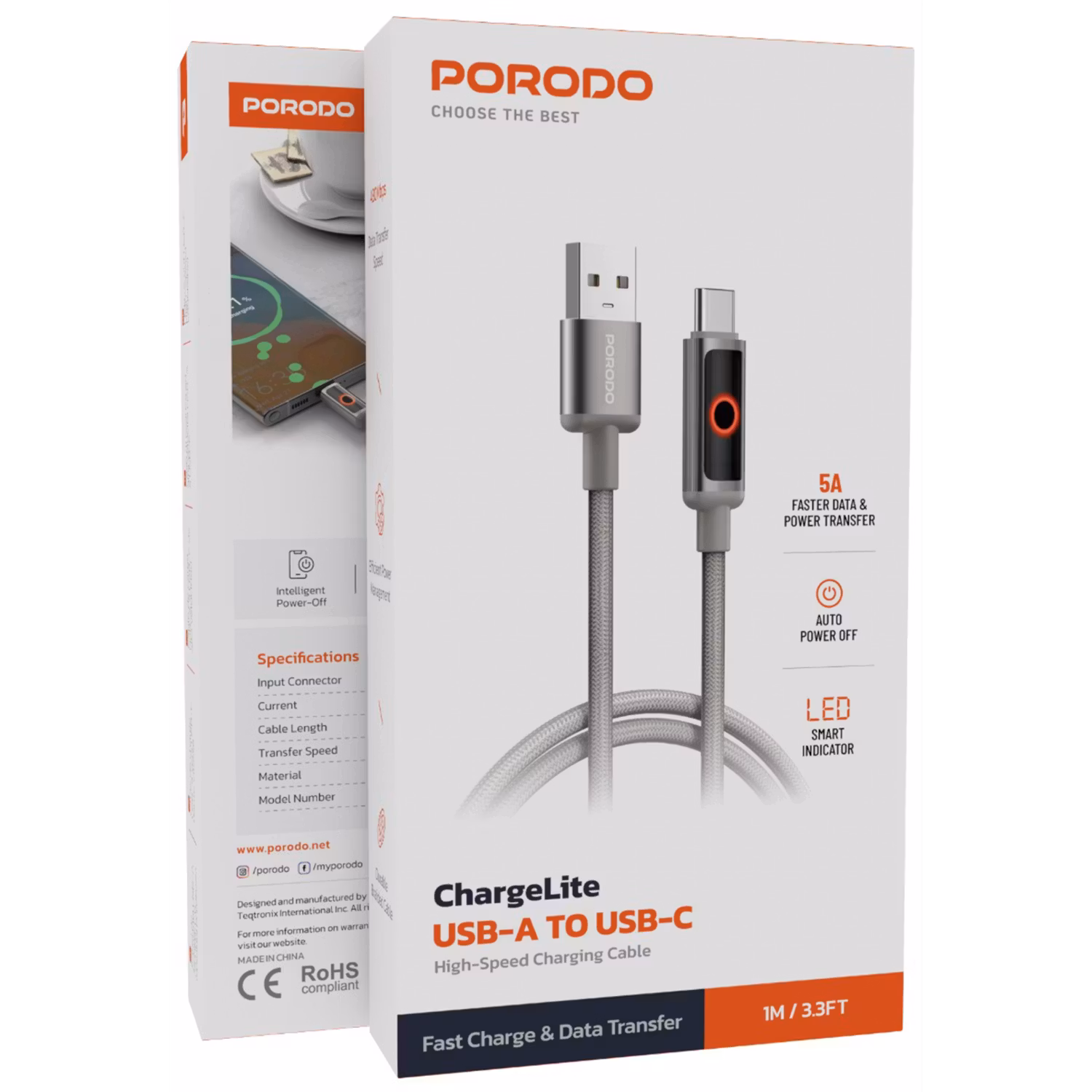 PORODO CHARGE LITE USB-A TO USB-C HIGH-SPEED CHARGING 1M/3.3FT CABLE GRAY PDCBL0043GY