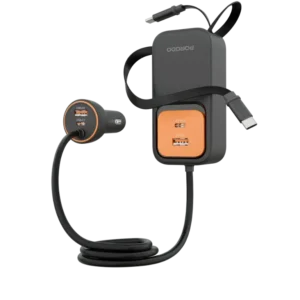 PORODO ENZO MULTI PORT CAR CHARGER DUAL 70CM RETRACTABLE CABLES 150CM BLACK PDCCR32BK