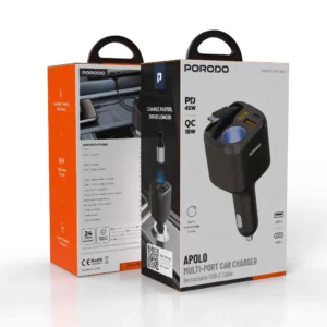 PORODO APOLO MULTI PORT CAR CHARGER RETRACTABLE USB C CABLE BLACK PDCCR34BK