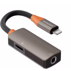 The Porodo AudioLink Duo Lightning + 3.5mm Jack Audio and Charge Splitter (Black Orange – PDETK14BKOG)