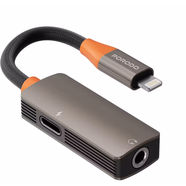 The Porodo AudioLink Duo Lightning + 3.5mm Jack Audio and Charge Splitter (Black Orange – PDETK14BKOG)