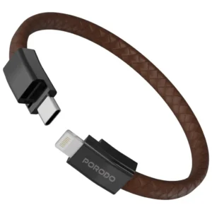 Experience the perfect blend of fashion and function with the Porodo PD27W USB-C to Lightning Wristband Cable in Brown.