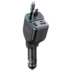 Power up your journey with the Porodo 65W Car Charger Dual Retractable Cable in sleek black (Model: PDFWCH068BK).