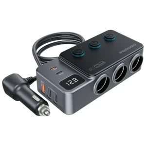 Power your drive like never before with the PORODO 120W Car Charger Hub Triple-Port Lighter Socket (Model: PDFWCH070DG) in sleek Dark Grey.
