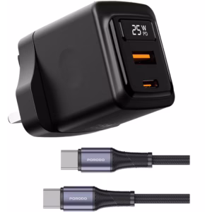 PORODO GAN 25W DUAL PORT WALL CHARGER WITH TYPE C TO TYPE C CABLE BLACK PDFWCH076CBK