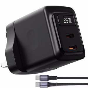 PORODO GAN 25W DUAL USB C WALL CHARGER WITH TYPE C TO TYPE C CABLE BLACK PDFWCH079CBK