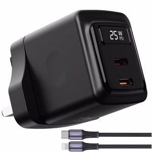 PORODO GAN 25W DUAL USB C WALL CHARGER WITH TYPE C TO LIGHTNING CABLE BLACK PDFWCH079LBK