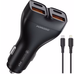 PORODO DUALPOWER 102W CAR CHARGER WITH USB C TO LIGHTNING CABLE PD30W QC18W BLACK PDFWCH085LBK