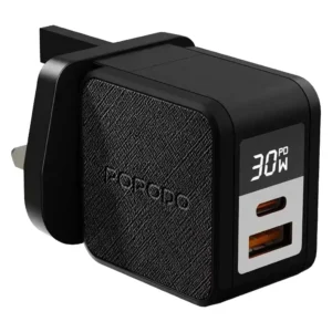 PORODO QUANTUM GAN 30W MULTI PORT CHARGER WITH DIGITAL DISPLAY WITH C TO LIGHTNING CABLE 1M BLACK PDFWCH092BKL