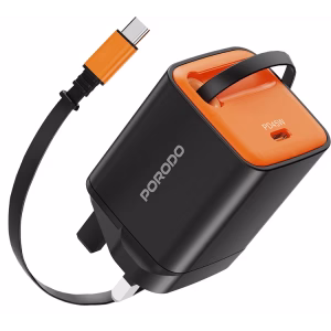 PORODO TEZPATRO 45W GAN CHARGER WITH USB C RETRACTABLE CABLE BLACK PDFWCH104BK