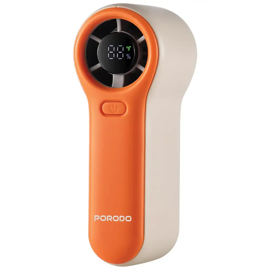 Stay cool wherever you go with the Porodo Lifestyle Pocket Size Handheld Fan in vibrant White Orange (model PDLSPF2228).