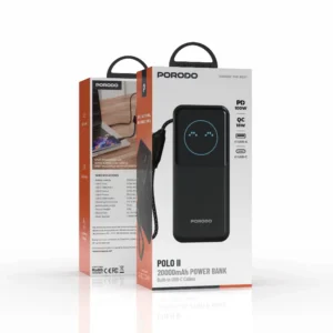 PORODO POLO II 20000MAH POWER BANK BUILT IN USB C CABLES BLACK PDPBFCH0101BK
