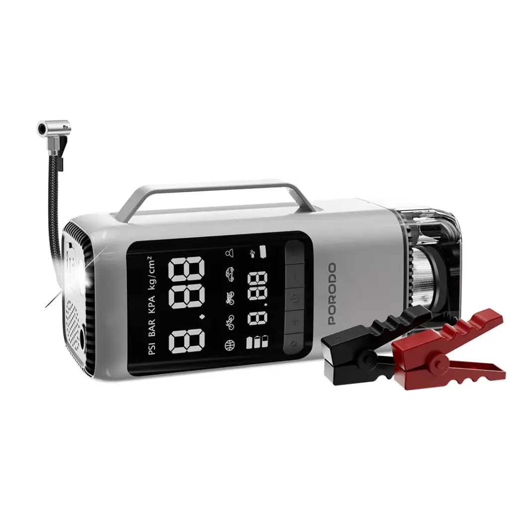 The Porodo 6-in-1 Multi-Functional Power Tool Jump Starter Air Compressor Powerbank is a versatile and essential tool for every driver and outdoor enthusiast.