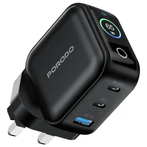 PORODO NEXORA 65W 3 PORT WALL CHARGER WITH LCD DISPLAY BLACK PDWCP5265BK