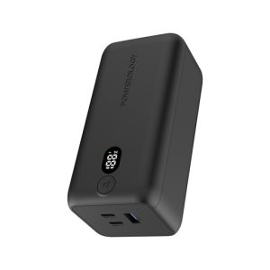 The Powerology Onyx 20000mAh PD 65W Dual USB-C Power Bank in sleek black is a high-capacity portable charger designed to power your devices on the go.