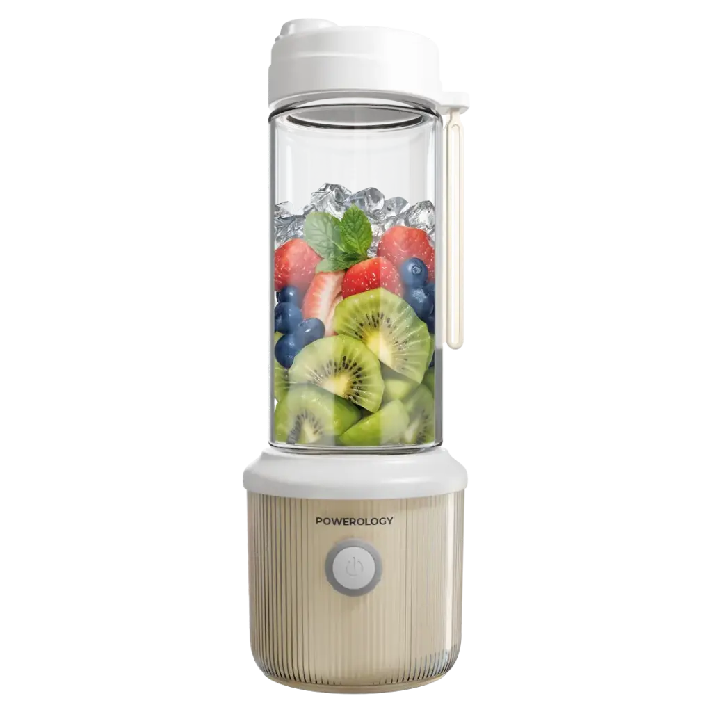 Blend your favorite smoothies anytime, anywhere with the Powerology Press & Refresh Portable Blender in white.