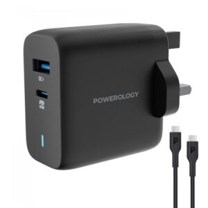 Powerology Dual Port Ultra Quick GaN Charger with USB-C to USB-C 60W Cable – Black
