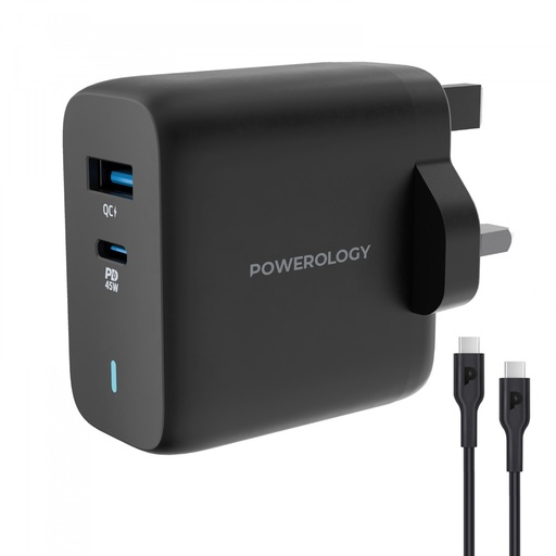 Powerology Dual Port Ultra Quick GaN Charger with USB-C to USB-C 60W Cable – Black