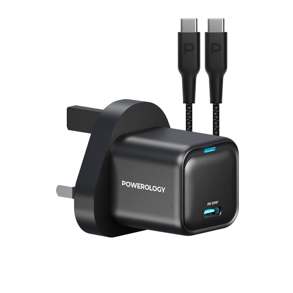 POWEROLOGY ULTRA COMPACT GAN CHARGER WITH USB-C TO USB -C CABLE 1.2M PD 20W BLACK PWCUQC016-C