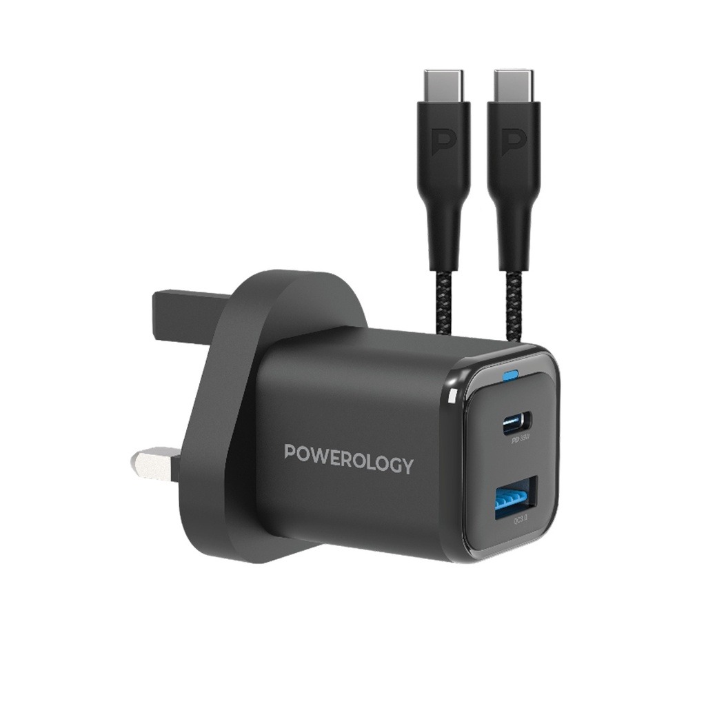 POWEROLOGY DUAL PORT SUPER COMPACT QUICK CHARGER WITH USB-C TO USB -C CABLE 1.2M BALCK PWCUQC023-C