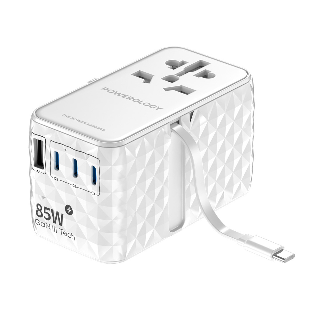 POWEROLOGY UNIVERSAL GAN 85W SUPER CHARGER RETRACTABLE TYPE -C CABLE WHITE PWCUQC026WH