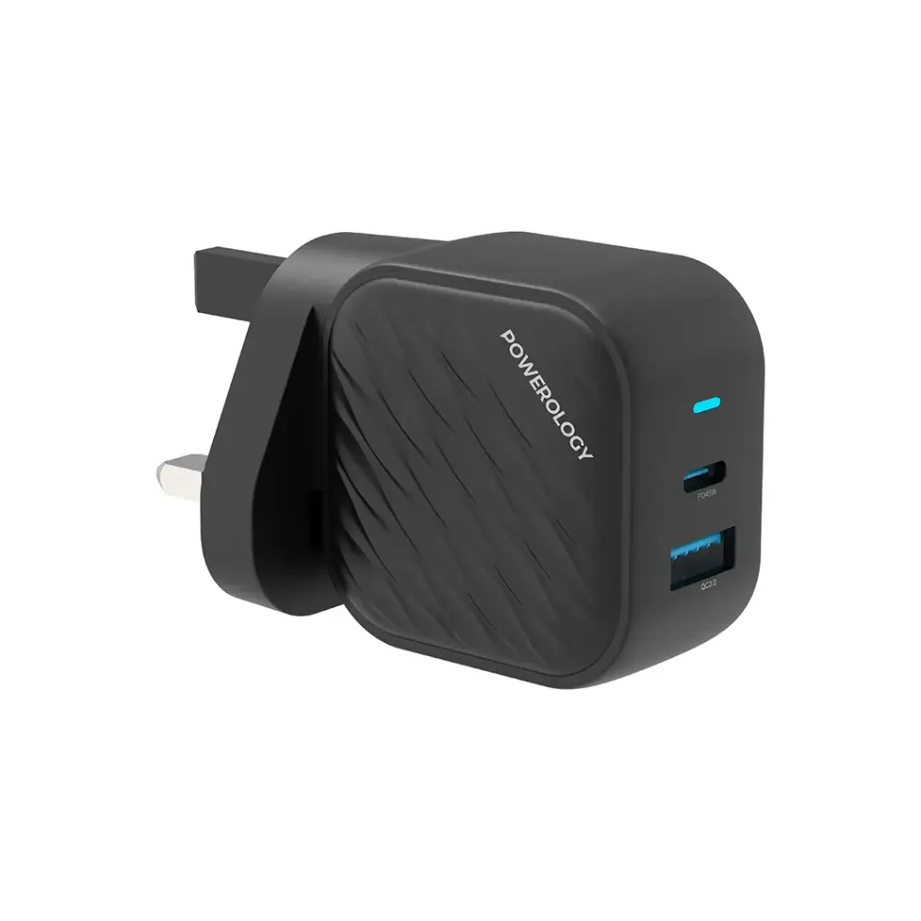 POWEROLOGY GAN DUAL PORT WALL CHARGER BLACK PWCUQC036