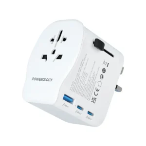 Stay charged wherever you go with the Powerology Universal Travel Adapter PD 45W 2300W in white