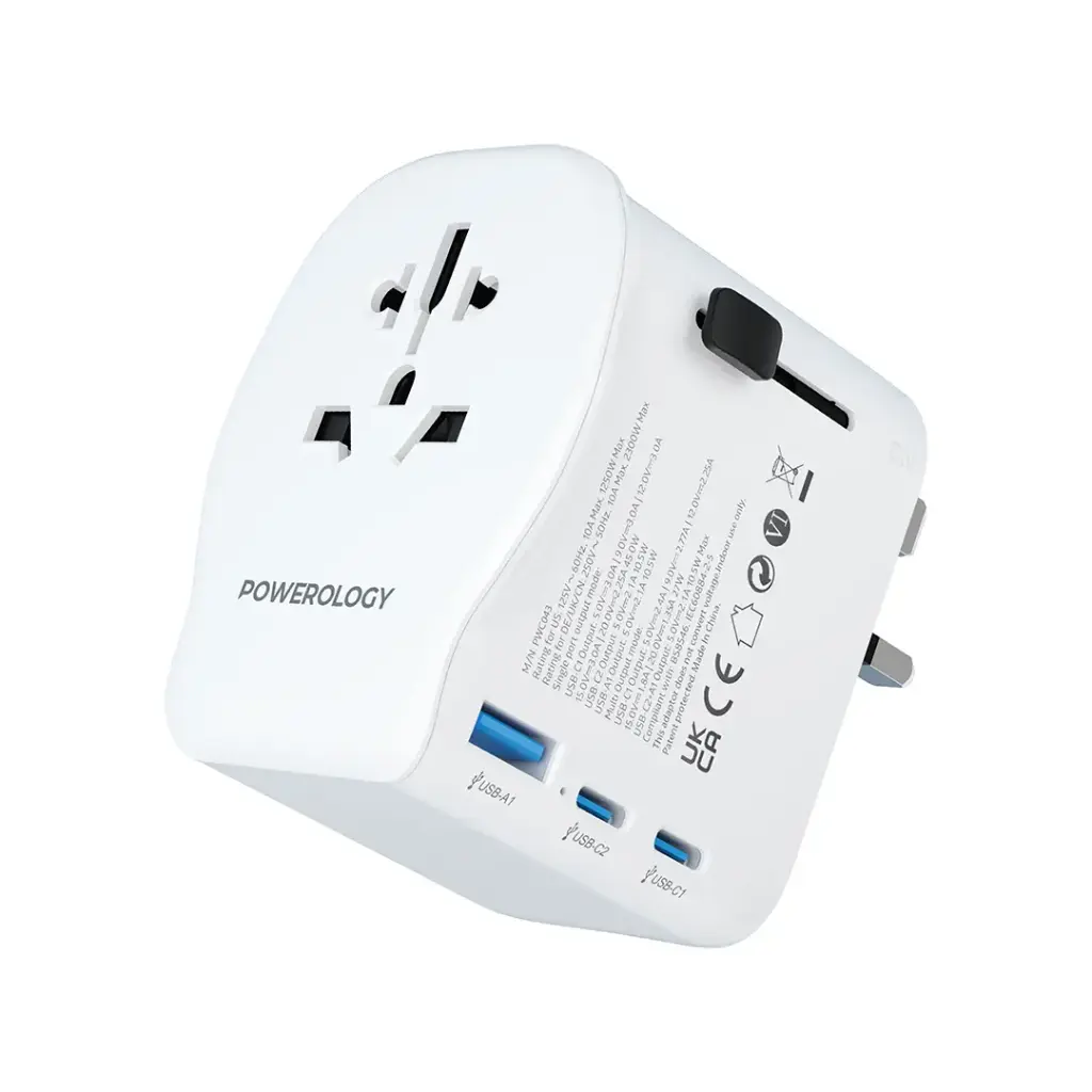 Stay charged wherever you go with the Powerology Universal Travel Adapter PD 45W 2300W in white