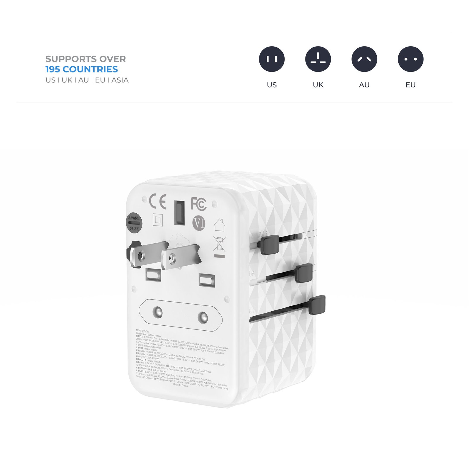 BLUPEBBLE PASSPORT 2.1 WORLD TRAVEL ADAPTER WITH PD 65W + 2 USB-C + 2USB-A - Image 11