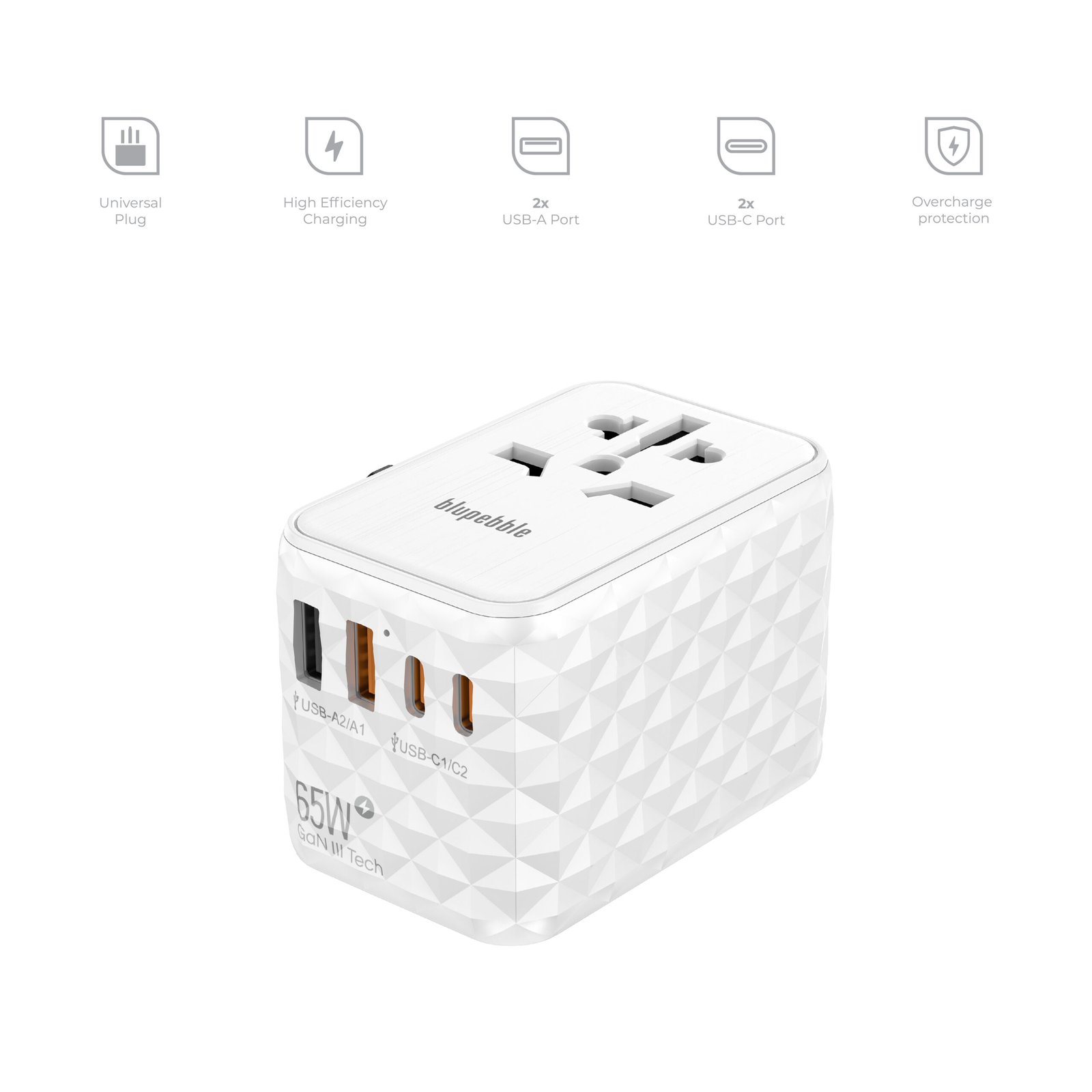 BLUPEBBLE PASSPORT 2.1 WORLD TRAVEL ADAPTER WITH PD 65W + 2 USB-C + 2USB-A - Image 9