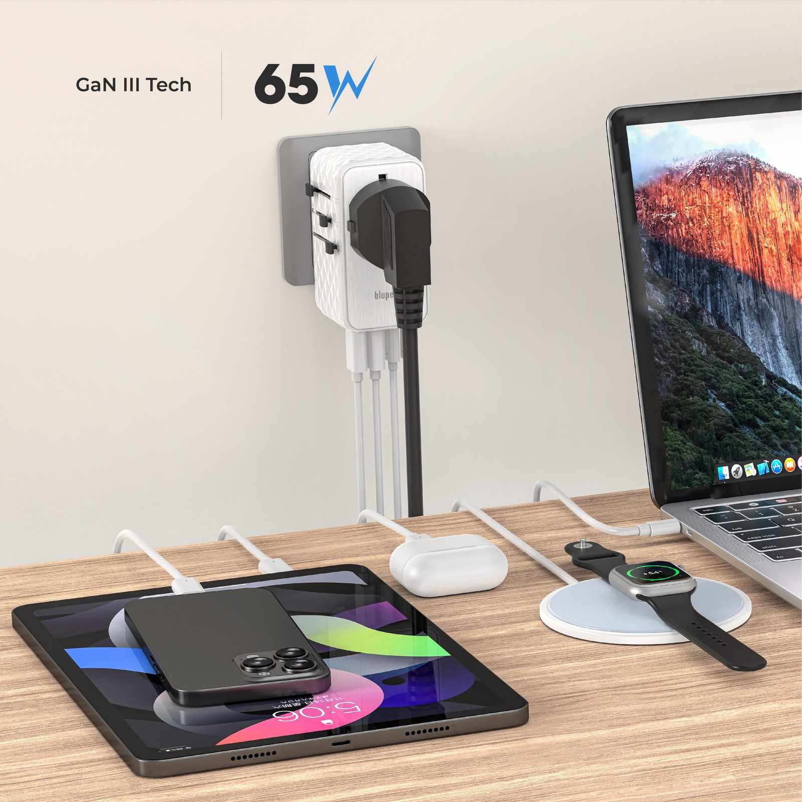 BLUPEBBLE PASSPORT 2.1 WORLD TRAVEL ADAPTER WITH PD 65W + 2 USB-C + 2USB-A - Image 8