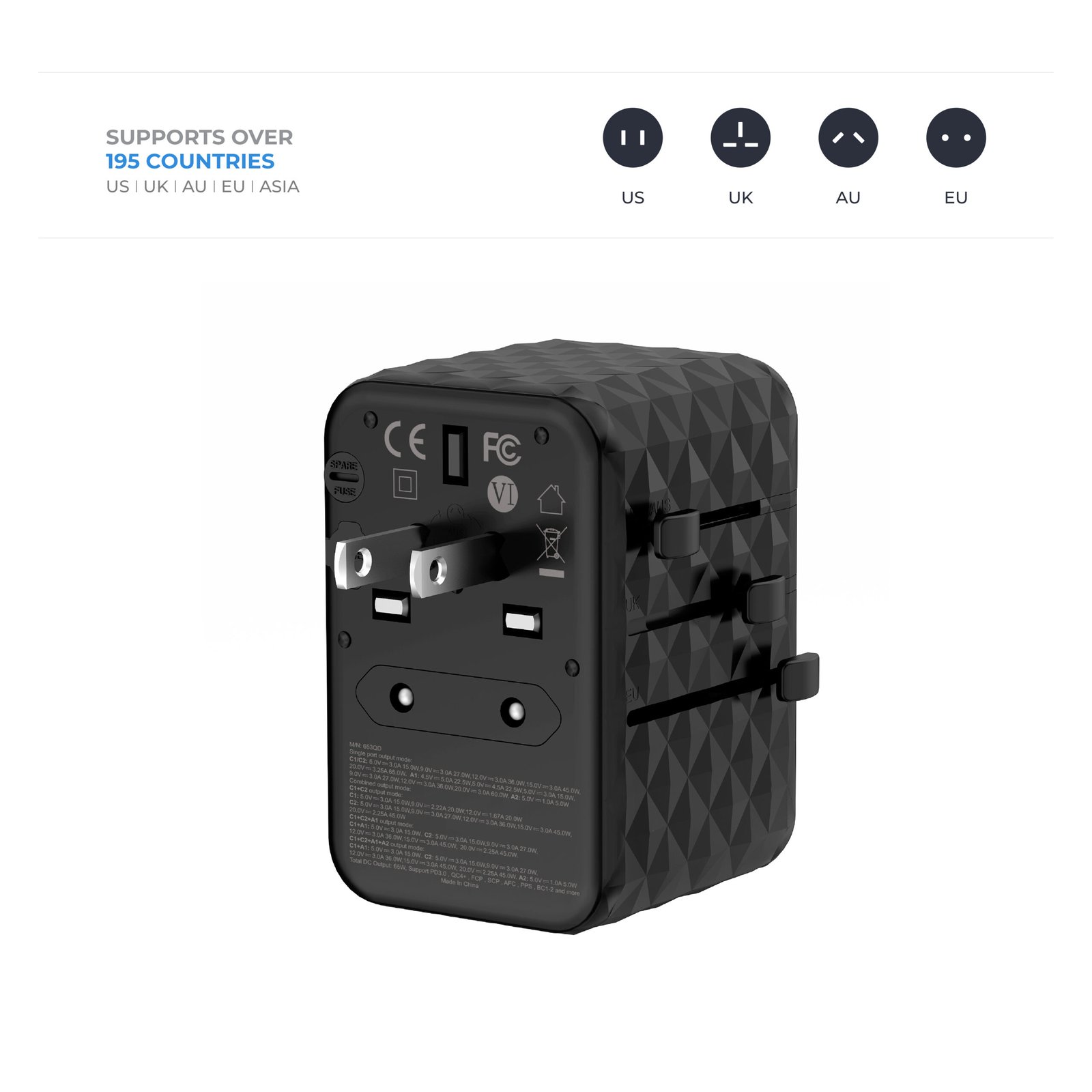 BLUPEBBLE PASSPORT 2.1 WORLD TRAVEL ADAPTER WITH PD 65W + 2 USB-C + 2USB-A - Image 4