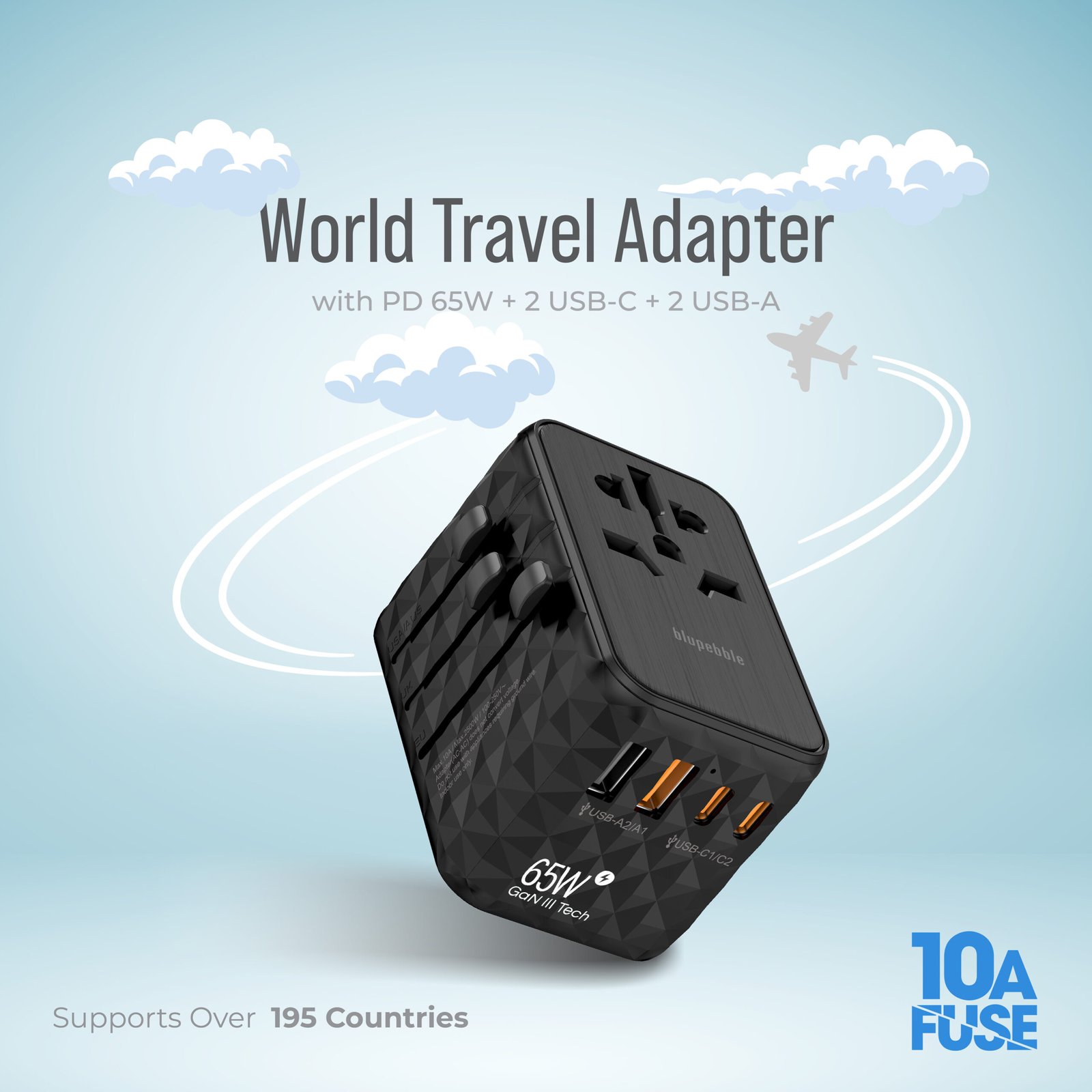 BLUPEBBLE PASSPORT 2.1 WORLD TRAVEL ADAPTER WITH PD 65W + 2 USB-C + 2USB-A - Image 12
