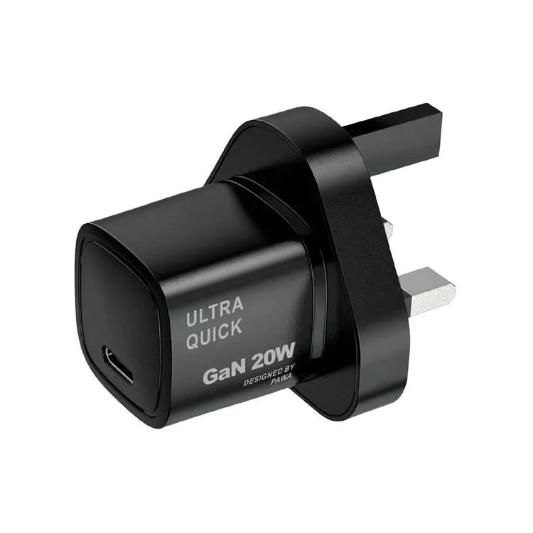PAWA SOLID GAN CHARGER TYPE C PORT PD20W UK STANDARD BLACK PW-GN20UK-BK