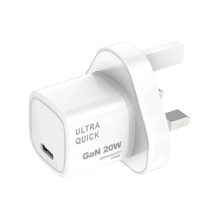 PAWA SOLID GAN CHARGER TYPE C PORT PD20W UK STANDARD WHITE PW-GN20UK-WH