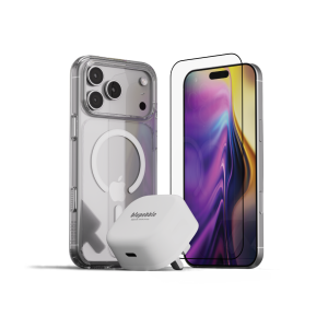 Protect and power your iPhone in style with the Blupebble 3-in-1 Pebble Combo for iPhone 17 Pro – Clear Case + Tempered Glass + Charger (BP-17PROBUNDLE-CL)