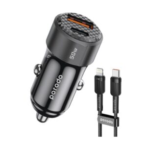 PORODO DUAL PORT BRAIDED USB C TO LIGHTNING CABLE INCLUDED CAR CHARGER 50W BLACK PD-CC50WL-BK
