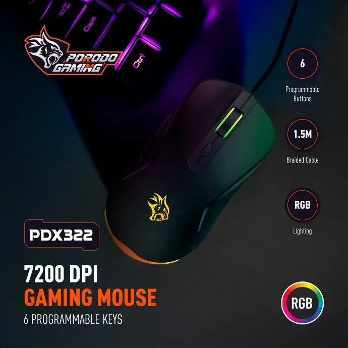 Porodo Gaming 7200 DPI RGB Gaming Mouse Black PDX322 - Image 2